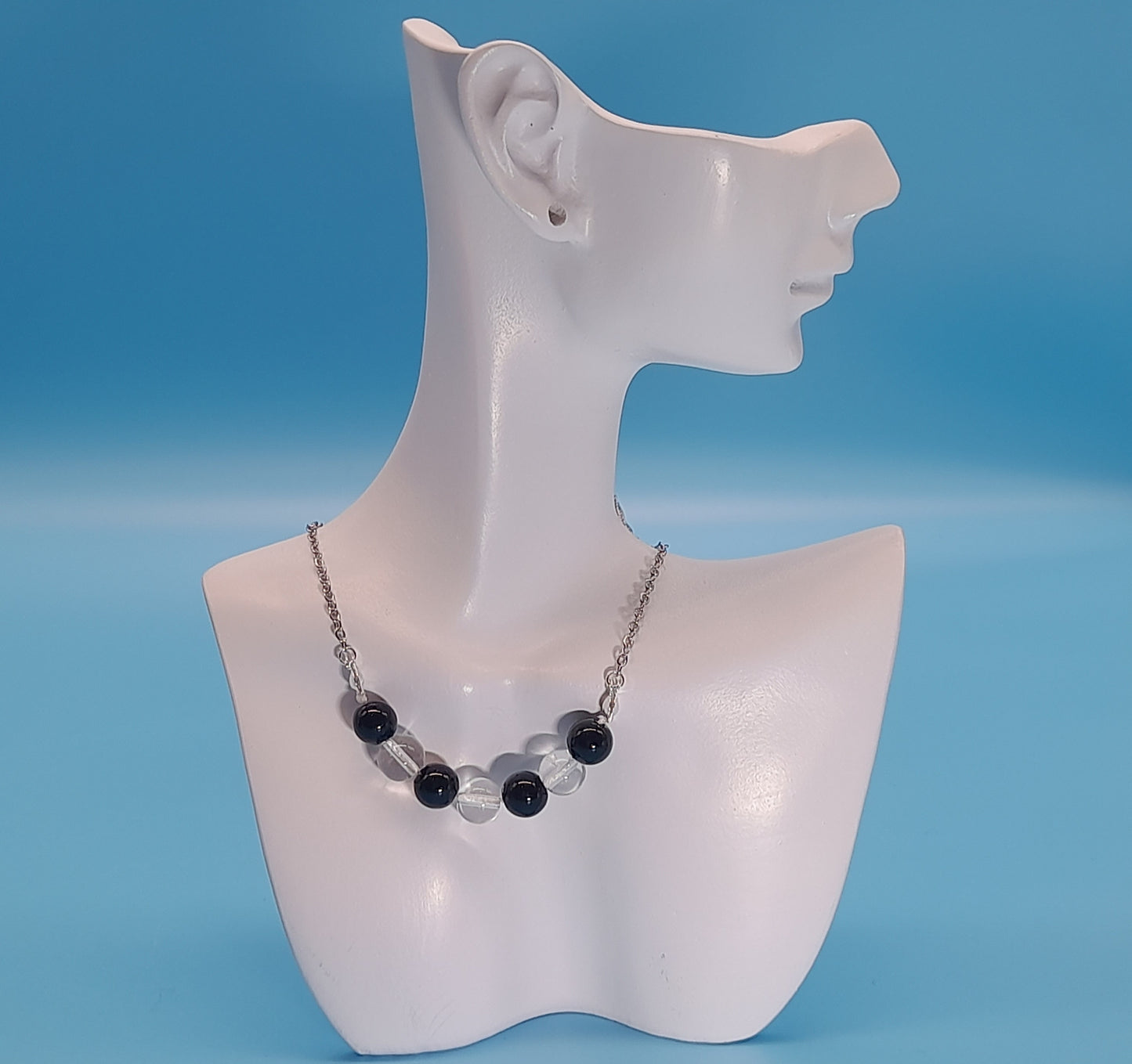 COLLIER DUO DE 7 PERLES EN PIERRES DE CRISTAL DE ROCHE + ONYX NOIR - BIJOU ARTISANAL, UNIQUE & ORIGINAL