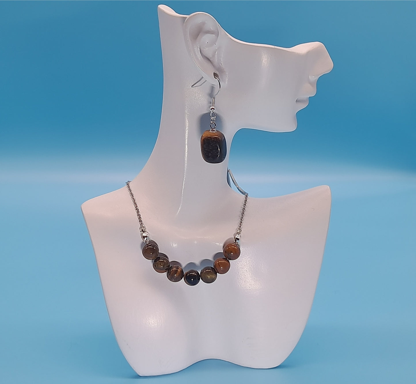 2 PARURES EN PIERRE OEIL DU TIGRE : COLLIER 7 PERLES OU PENDENTIF + BOUCLES D’OREILLES - BIJOUX ARTISANAUX, UNIQUES & ORIGINAUX