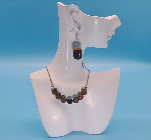 2 PARURES EN PIERRE OEIL DU TIGRE : COLLIER 7 PERLES OU PENDENTIF + BOUCLES D’OREILLES - BIJOUX ARTISANAUX, UNIQUES & ORIGINAUX