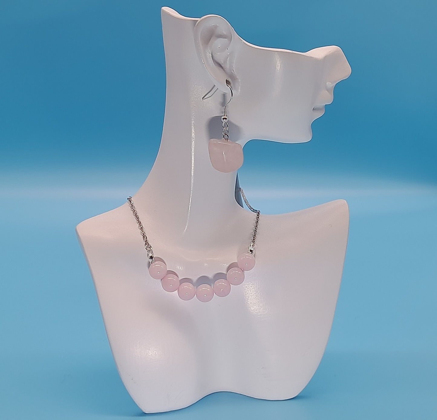 2 PARURES EN PIERRE DE QUARTZ ROSE : COLLIER 7 PERLES OU PENDENTIF + BOUCLES D’OREILLES - BIJOUX ARTISANAUX, UNIQUES & ORIGINAUX