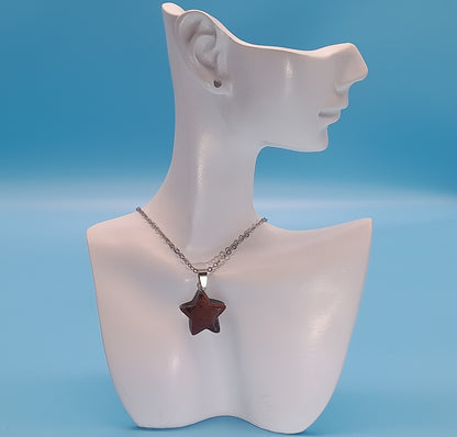CHAINE + PENDENTIF ÉTOILE EN PIERRE OBSIDIENNE ACAJOU - BIJOU ARTISANAL, UNIQUE & ORIGINAL