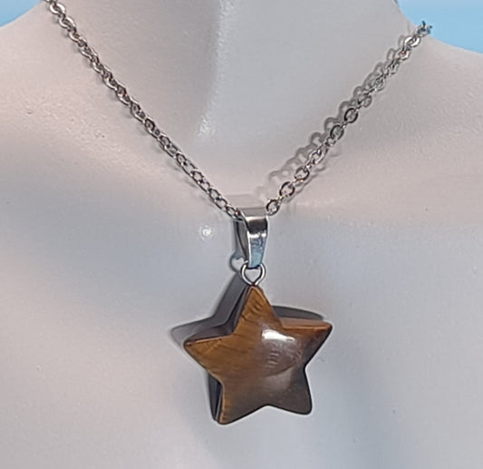 COLLIERS PENDENTIFS ÉTOILES ou CUBES EN PIERRE OEIL DU TIGRE - BIJOUX ARTISANAUX, UNIQUES & ORIGINAUX