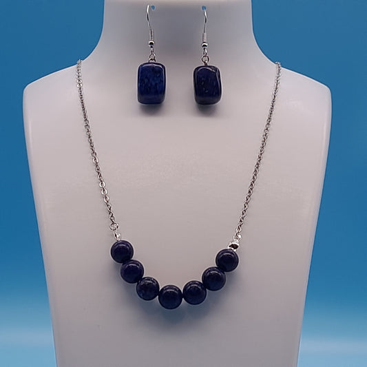 2 PARURES EN PIERRE DE LAPIS LAZULI : COLLIER 7 PERLES OU PENDENTIF + BOUCLES D’OREILLES - BIJOUX ARTISANAUX, UNIQUES & ORIGINAUX