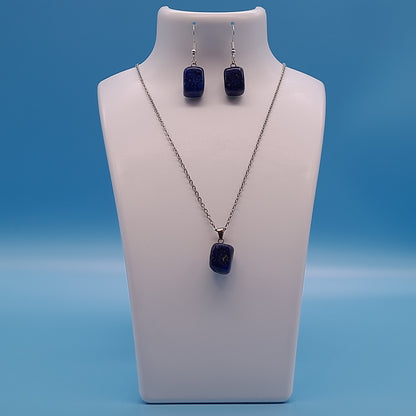 2 PARURES EN PIERRE DE LAPIS LAZULI : COLLIER 7 PERLES OU PENDENTIF + BOUCLES D’OREILLES - BIJOUX ARTISANAUX, UNIQUES & ORIGINAUX
