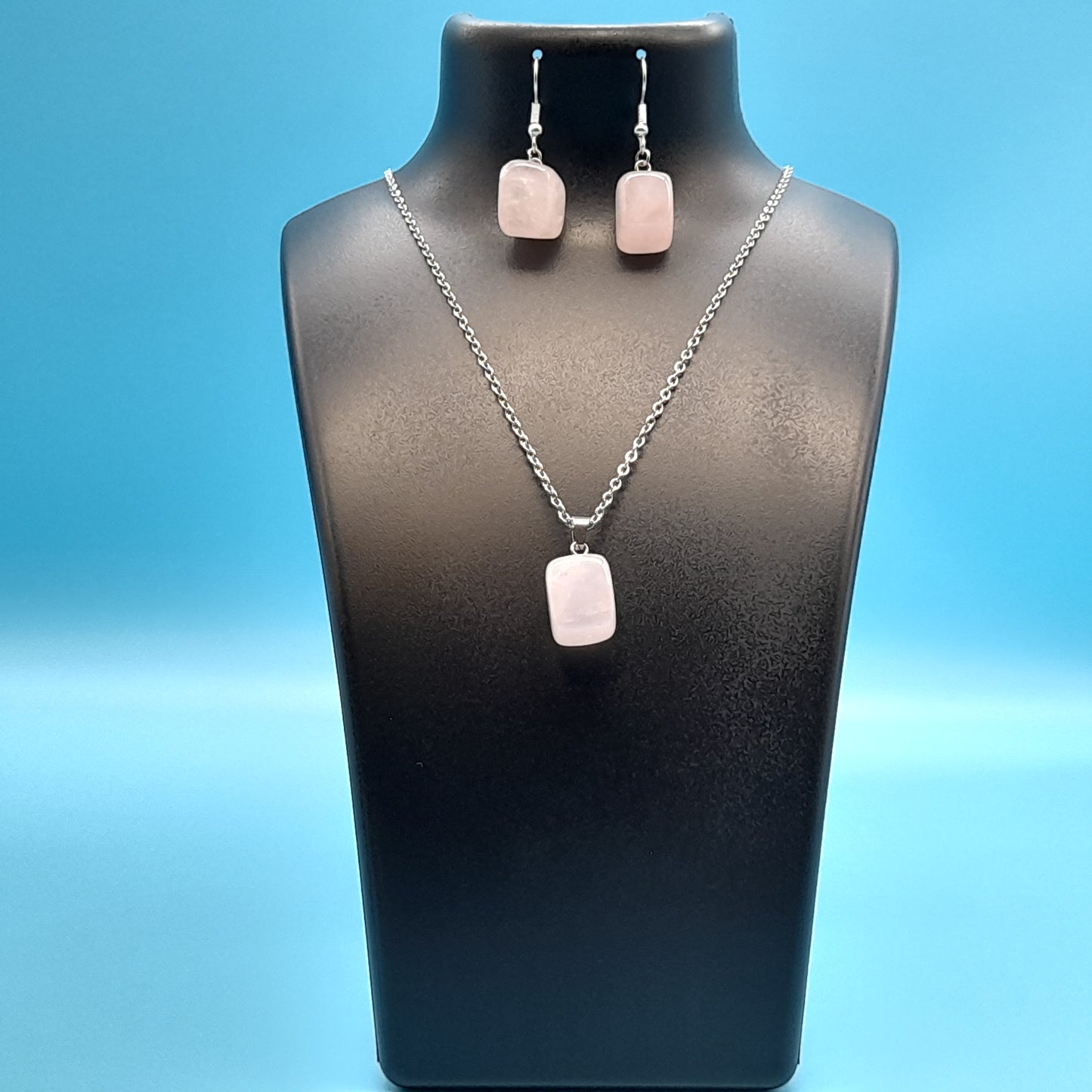 2 PARURES EN PIERRE DE QUARTZ ROSE : COLLIER 7 PERLES OU PENDENTIF + BOUCLES D’OREILLES - BIJOUX ARTISANAUX, UNIQUES & ORIGINAUX