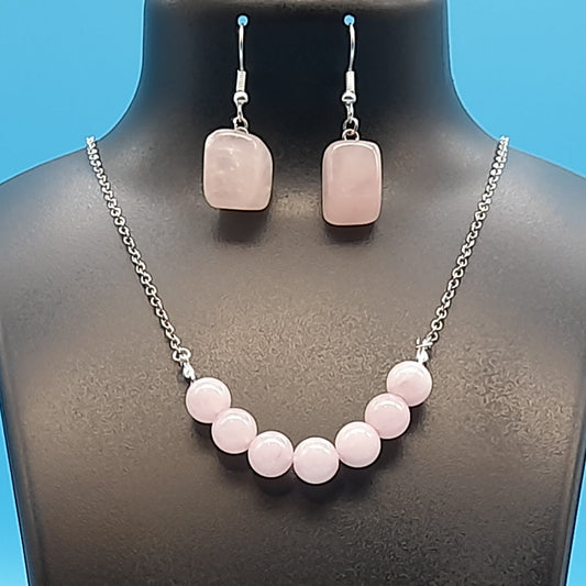 2 PARURES EN PIERRE DE QUARTZ ROSE : COLLIER 7 PERLES OU PENDENTIF + BOUCLES D’OREILLES - BIJOUX ARTISANAUX, UNIQUES & ORIGINAUX