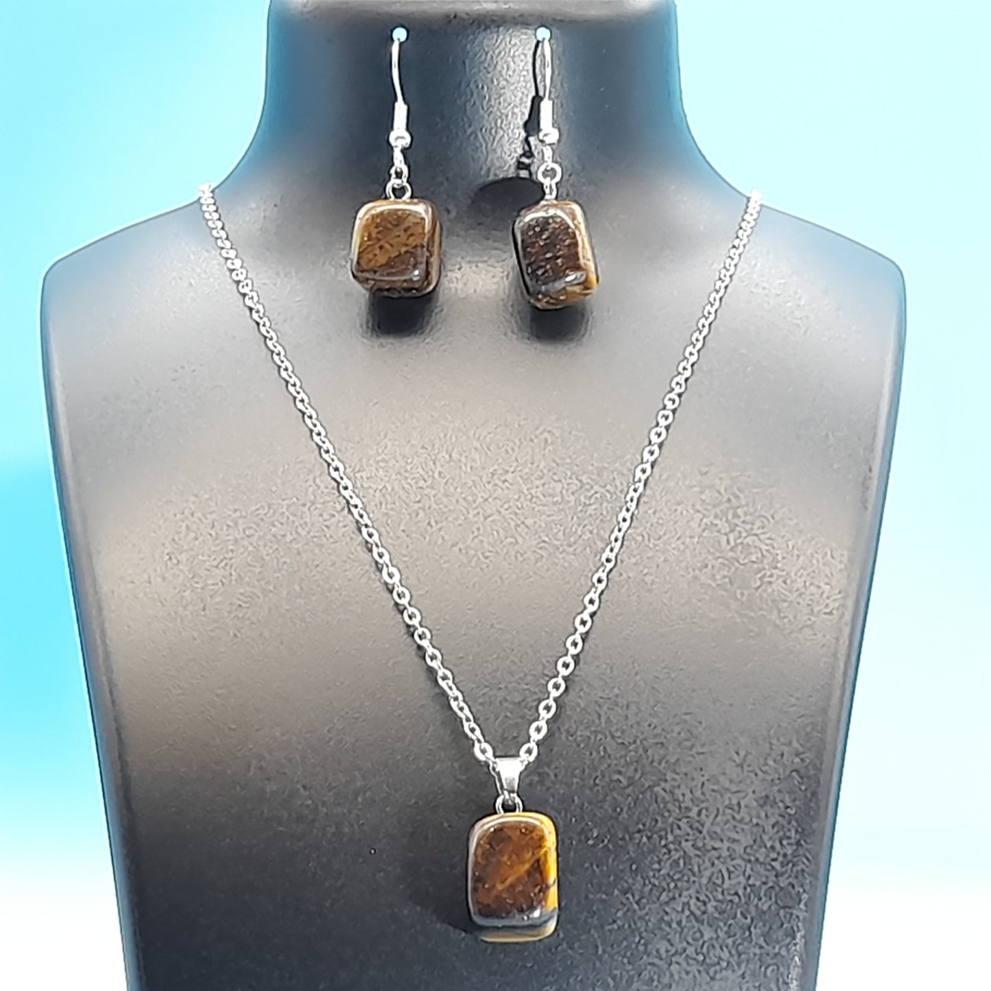 2 PARURES EN PIERRE OEIL DU TIGRE : COLLIER 7 PERLES OU PENDENTIF + BOUCLES D’OREILLES - BIJOUX ARTISANAUX, UNIQUES & ORIGINAUX