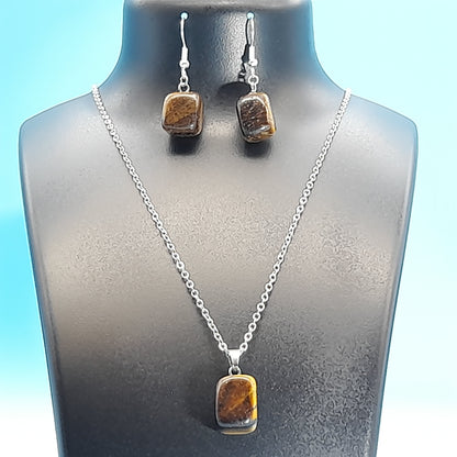 2 PARURES EN PIERRE OEIL DU TIGRE : COLLIER 7 PERLES OU PENDENTIF + BOUCLES D’OREILLES - BIJOUX ARTISANAUX, UNIQUES & ORIGINAUX