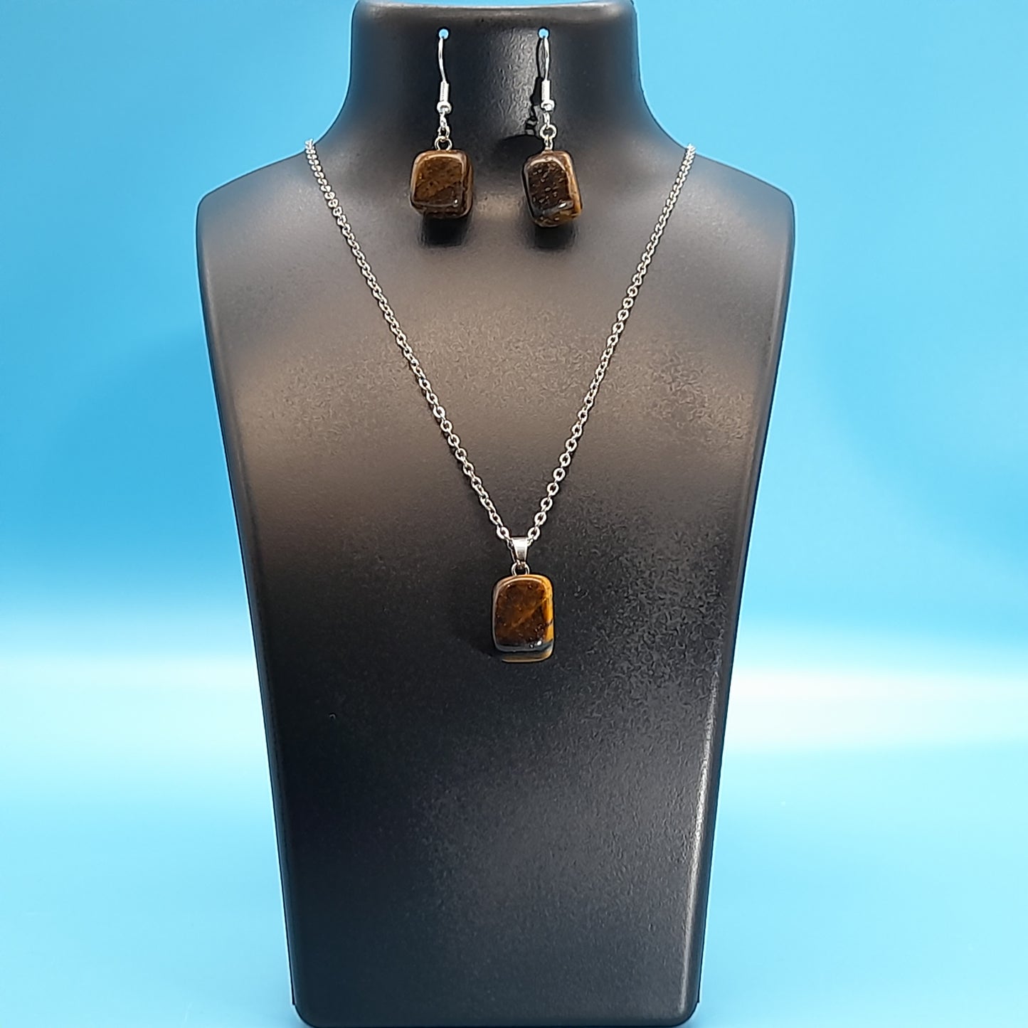 2 PARURES EN PIERRE OEIL DU TIGRE : COLLIER 7 PERLES OU PENDENTIF + BOUCLES D’OREILLES - BIJOUX ARTISANAUX, UNIQUES & ORIGINAUX