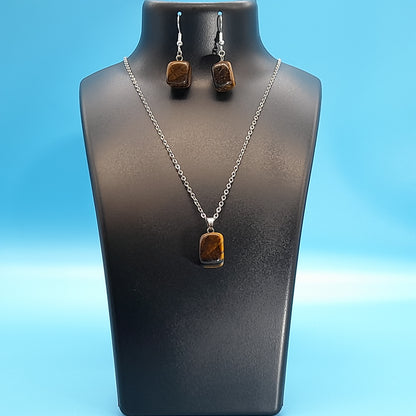 2 PARURES EN PIERRE OEIL DU TIGRE : COLLIER 7 PERLES OU PENDENTIF + BOUCLES D’OREILLES - BIJOUX ARTISANAUX, UNIQUES & ORIGINAUX