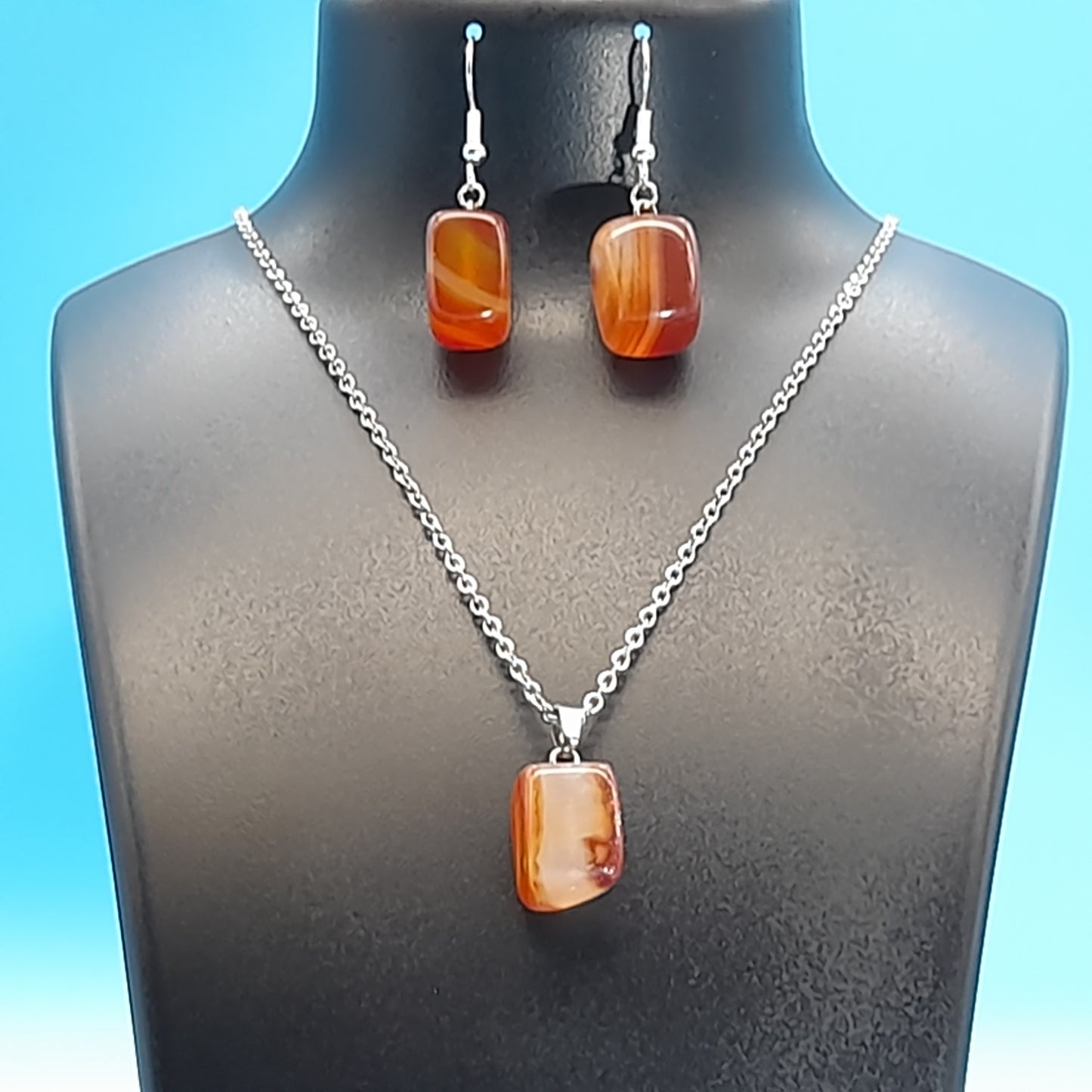2 PARURES EN PIERRE AGATE ORANGE : COLLIER 7 PERLES OU PENDENTIF + BOUCLES D’OREILLES - BIJOUX ARTISANAUX, UNIQUES & ORIGINAUX