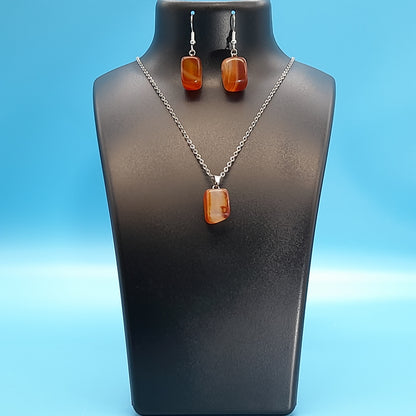 2 PARURES EN PIERRE AGATE ORANGE : COLLIER 7 PERLES OU PENDENTIF + BOUCLES D’OREILLES - BIJOUX ARTISANAUX, UNIQUES & ORIGINAUX