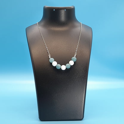 COLLIER DUO DE 7 PERLES EN PIERRES AIGUE MARINE + ONYX BLANC - BIJOU ARTISANAL, UNIQUE & ORIGINAL
