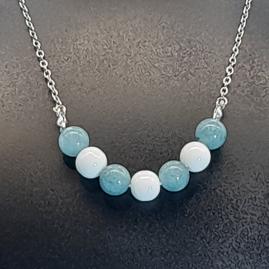 COLLIER DUO DE 7 PERLES EN PIERRES AIGUE MARINE + ONYX BLANC - BIJOU ARTISANAL, UNIQUE & ORIGINAL