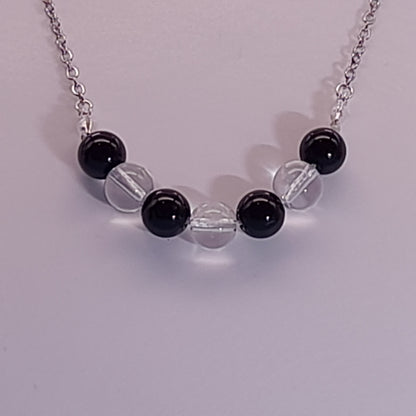 COLLIER DUO DE 7 PERLES EN PIERRES DE CRISTAL DE ROCHE + ONYX NOIR - BIJOU ARTISANAL, UNIQUE & ORIGINAL
