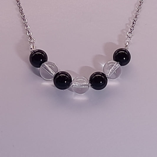 COLLIER DUO DE 7 PERLES EN PIERRES DE CRISTAL DE ROCHE + ONYX NOIR - BIJOU ARTISANAL, UNIQUE & ORIGINAL