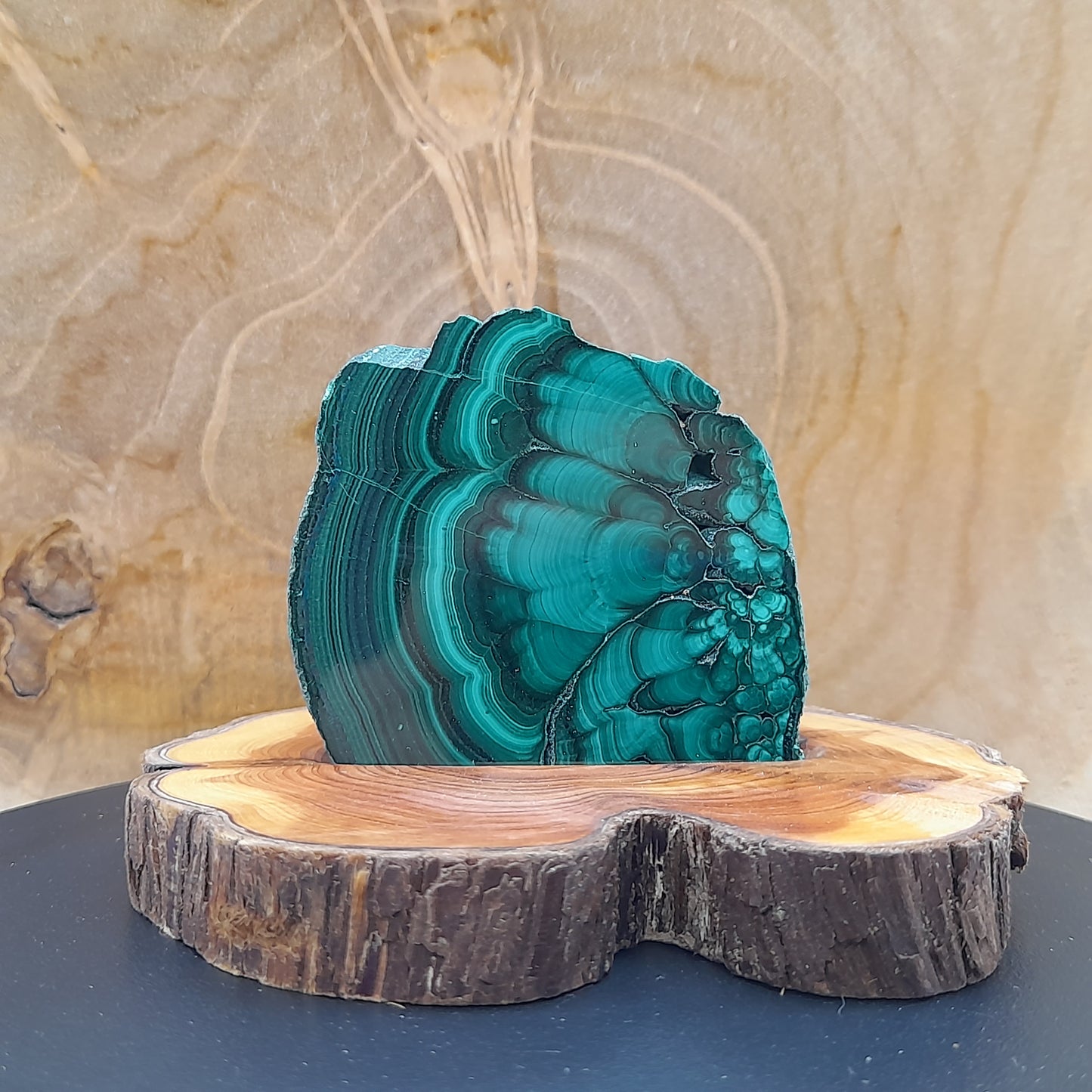 DÉCORATION TRANCHE DE PIERRE MALACHITE N°7 SUR SOCLE SCULPTÉ EN BOIS (CADE) – UNIQUE, ORIGINAL & ARTISANALE