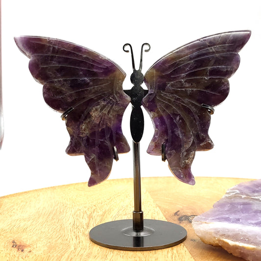 GRAND PAPILLON EN PIERRE AMÉTHYSTE N°4 SUR SOCLE EN MÉTAL - DÉCORATION ARTISANALE, ORIGINALE & UNIQUE AU CHOIX
