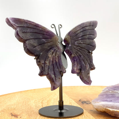 GRAND PAPILLON EN PIERRE AMÉTHYSTE N°4 SUR SOCLE EN MÉTAL - DÉCORATION ARTISANALE, ORIGINALE & UNIQUE AU CHOIX