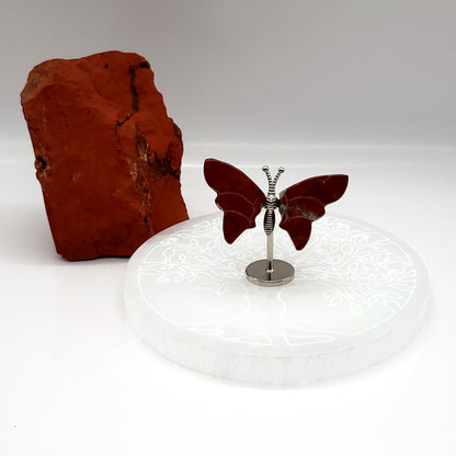 PAPILLON MOYEN EN PIERRE DE JASPE ROUGE N°1 SUR SOCLE EN MÉTAL - DÉCORATION ARTISANALE, ORIGINALE & UNIQUE AU CHOIX