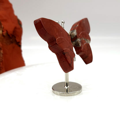 PAPILLON MOYEN EN PIERRE DE JASPE ROUGE N°1 SUR SOCLE EN MÉTAL - DÉCORATION ARTISANALE, ORIGINALE & UNIQUE AU CHOIX