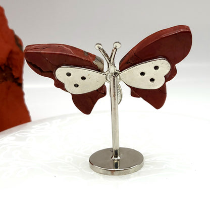 PAPILLON MOYEN EN PIERRE DE JASPE ROUGE N°1 SUR SOCLE EN MÉTAL - DÉCORATION ARTISANALE, ORIGINALE & UNIQUE AU CHOIX