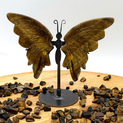 GRAND PAPILLON EN PIERRE OEIL DU TIGRE N°7 SUR SOCLE EN MÉTAL - DÉCORATION ARTISANALE, ORIGINALE & UNIQUE AU CHOIX