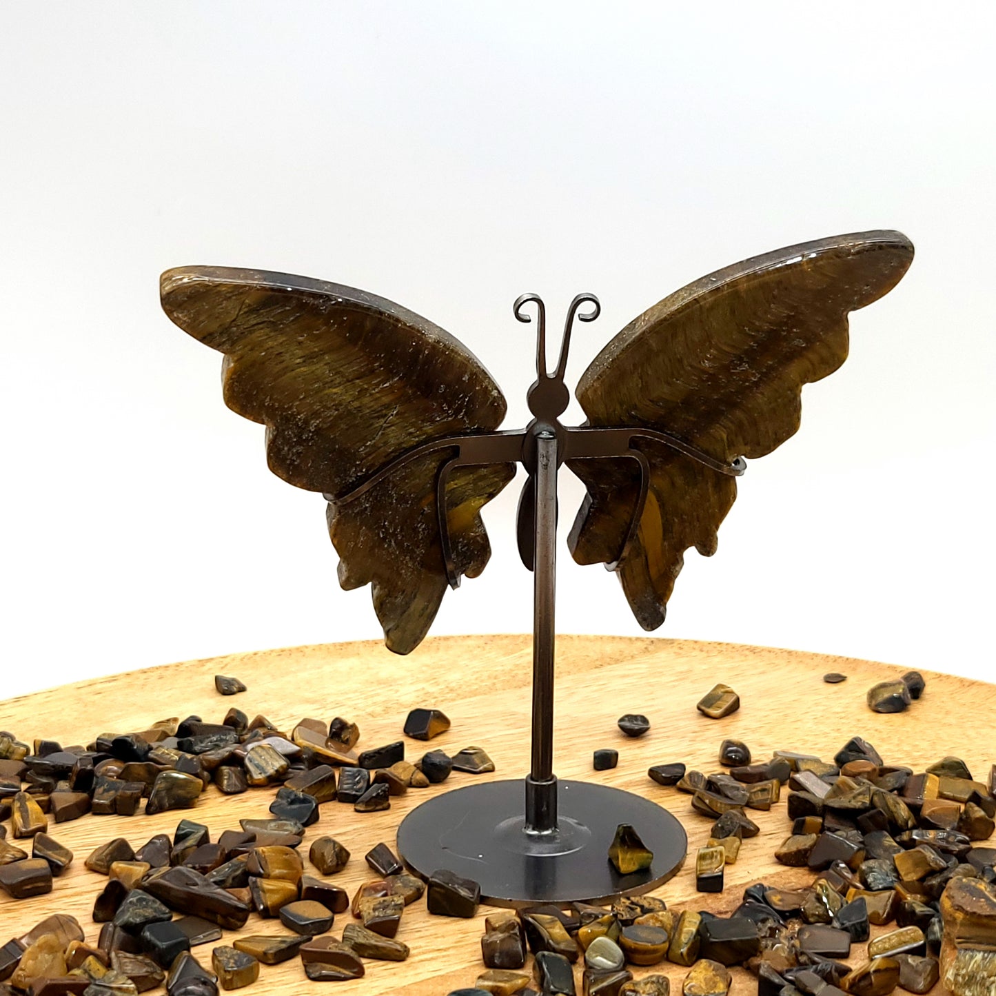 GRAND PAPILLON EN PIERRE OEIL DU TIGRE N°7 SUR SOCLE EN MÉTAL - DÉCORATION ARTISANALE, ORIGINALE & UNIQUE AU CHOIX