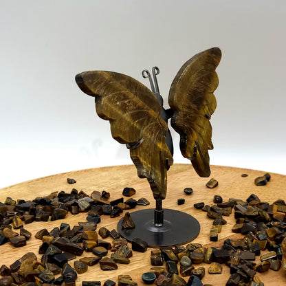 GRAND PAPILLON EN PIERRE OEIL DU TIGRE N°7 SUR SOCLE EN MÉTAL - DÉCORATION ARTISANALE, ORIGINALE & UNIQUE AU CHOIX