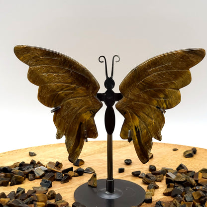GRAND PAPILLON EN PIERRE OEIL DU TIGRE N°7 SUR SOCLE EN MÉTAL - DÉCORATION ARTISANALE, ORIGINALE & UNIQUE AU CHOIX