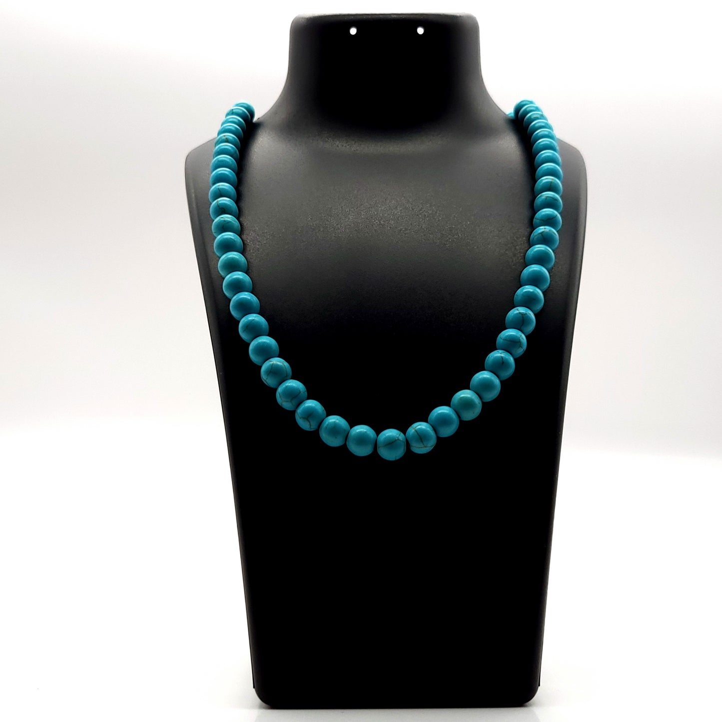 GRAND COLLIER COMPLET DE PERLES RONDES EN PIERRE HOWLITE BLEUE - BIJOU ARTISANAL & UNIQUE