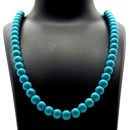 GRAND COLLIER COMPLET DE PERLES RONDES EN PIERRE HOWLITE BLEUE - BIJOU ARTISANAL & UNIQUE
