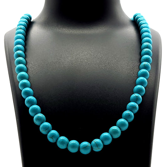 GRAND COLLIER COMPLET DE PERLES RONDES EN PIERRE HOWLITE BLEUE - BIJOU ARTISANAL & UNIQUE