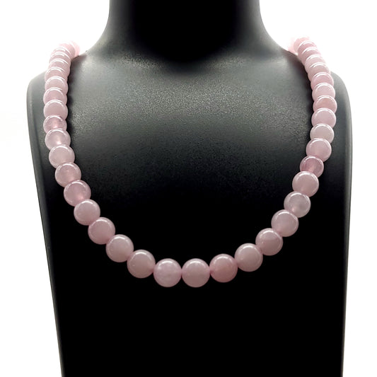 GRAND COLLIER COMPLET DE PERLES RONDES EN PIERRE DE QUARTZ ROSE - BIJOU ARTISANAL & UNIQUE