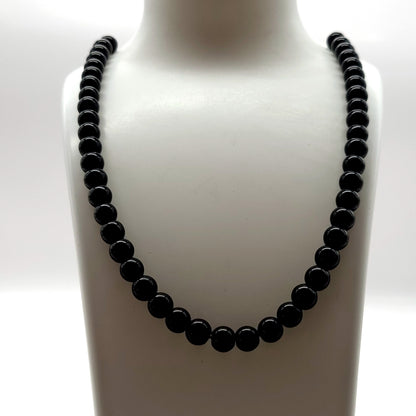 GRAND COLLIER COMPLET DE PERLES RONDES EN PIERRE OBSIDIENNE NOIRE - BIJOU ARTISANAL & UNIQUE