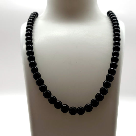 GRAND COLLIER COMPLET DE PERLES RONDES EN PIERRE OBSIDIENNE NOIRE - BIJOU ARTISANAL & UNIQUE