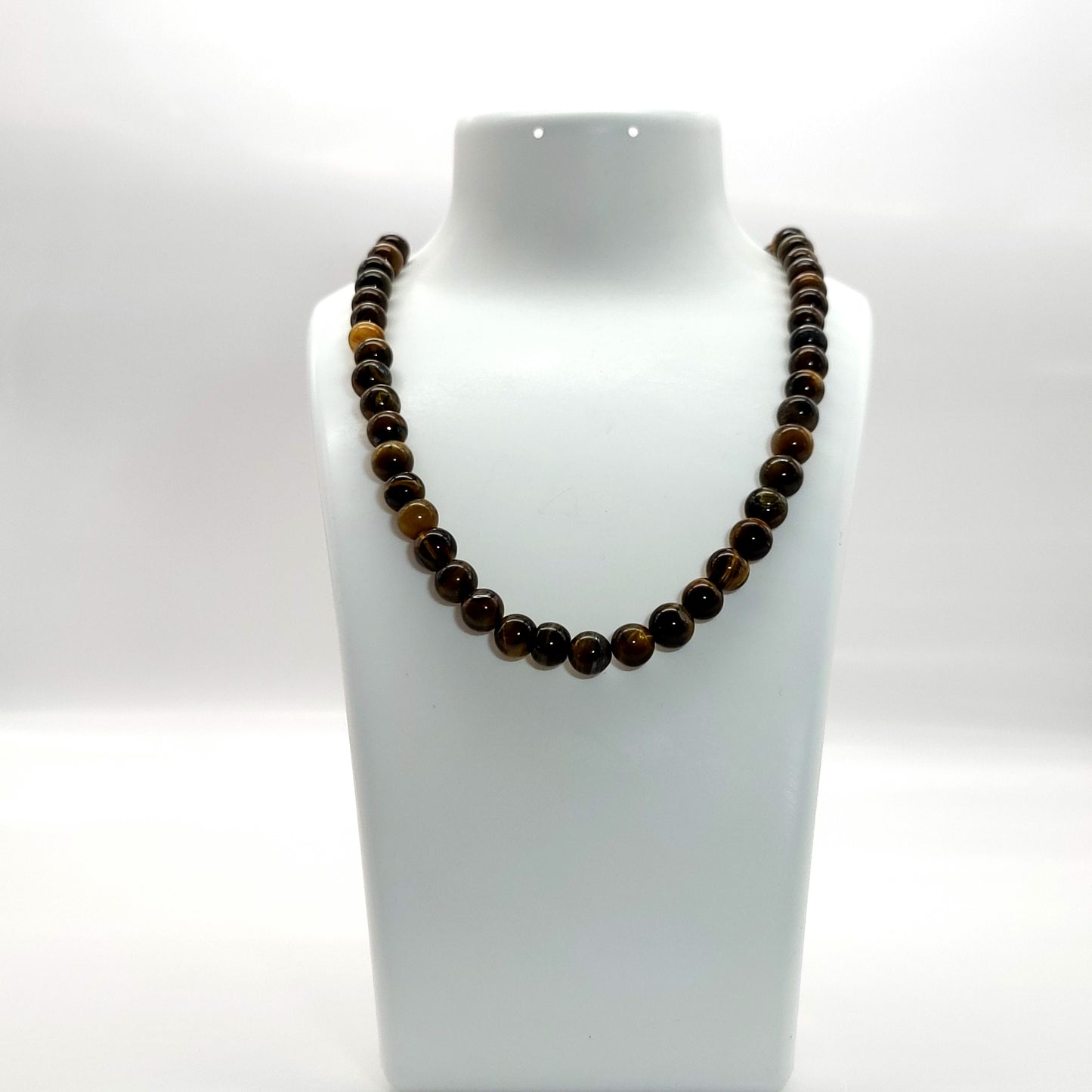 GRAND COLLIER COMPLET DE PERLES RONDES EN PIERRE OEIL DU TIGRE - BIJOU ARTISANAL & UNIQUE