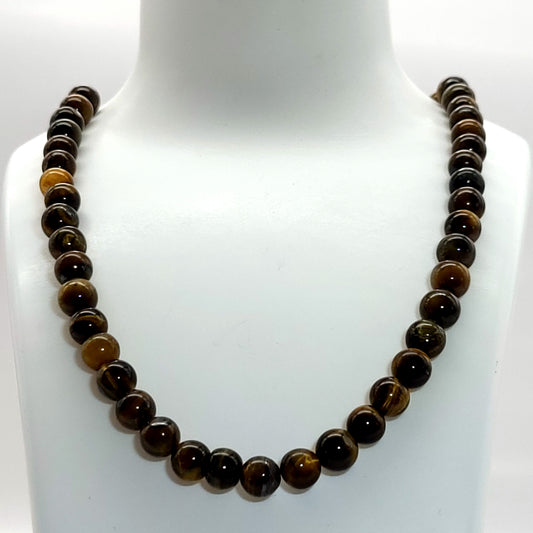 GRAND COLLIER COMPLET DE PERLES RONDES EN PIERRE OEIL DU TIGRE - BIJOU ARTISANAL & UNIQUE