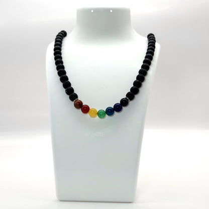GRAND COLLIER COMPLET EN PERLES RONDES 7 CHAKRAS + PIERRE DE LAVE - BIJOU ARTISANAL, UNIQUE & ORIGINAL