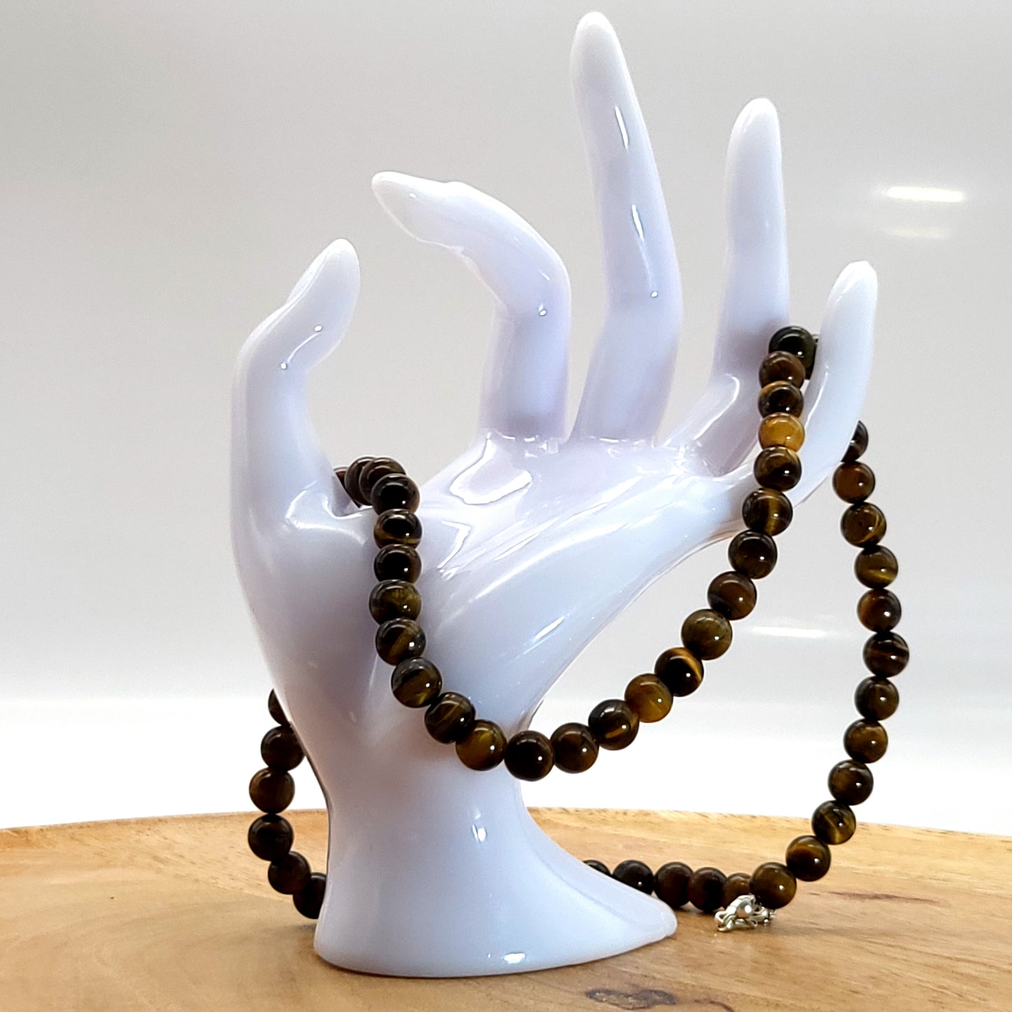 GRAND COLLIER COMPLET DE PERLES RONDES EN PIERRE OEIL DU TIGRE - BIJOU ARTISANAL & UNIQUE