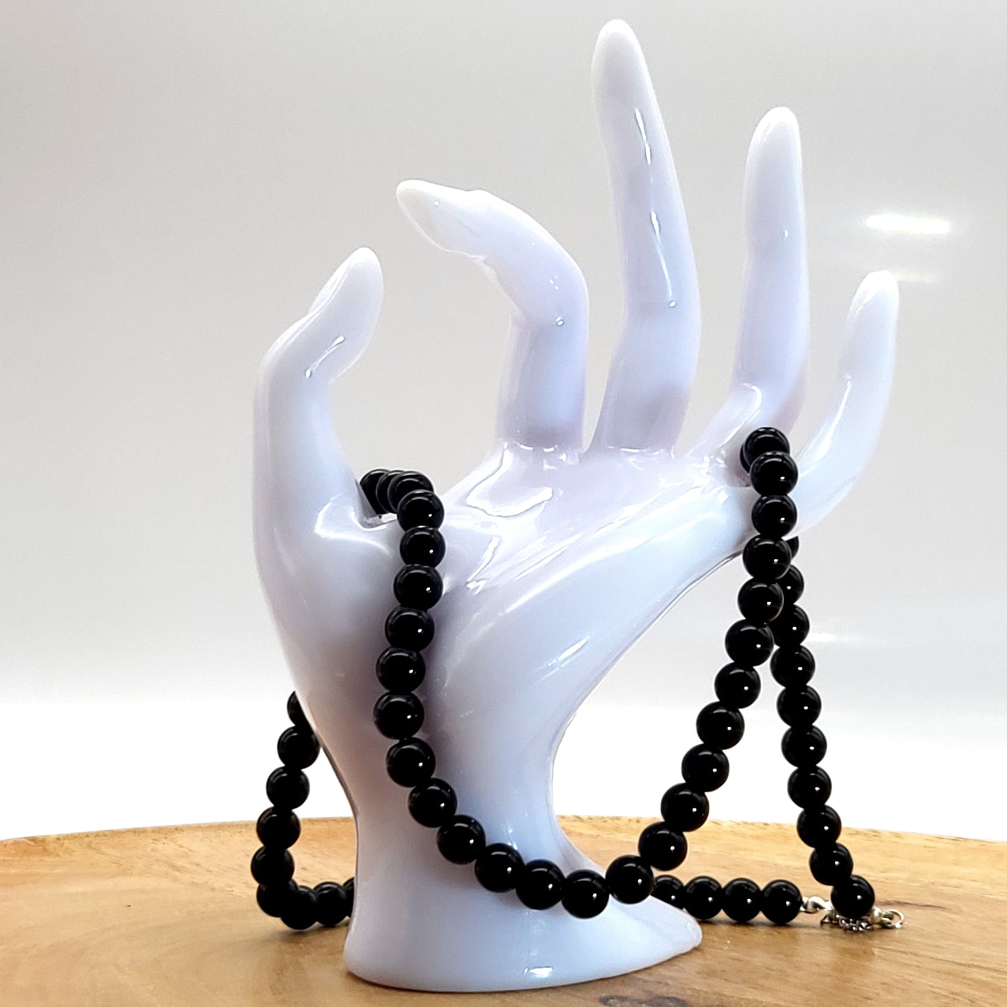 GRAND COLLIER COMPLET DE PERLES RONDES EN PIERRE OBSIDIENNE NOIRE - BIJOU ARTISANAL & UNIQUE