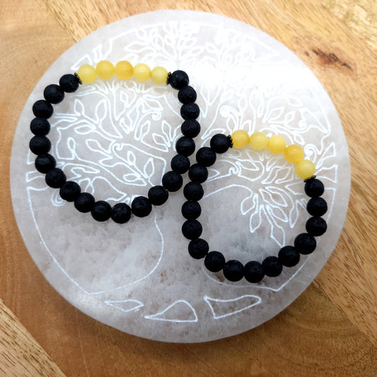 BRACELETS A ÉLASTIQUES DE PERLES RONDES EN PIERRES DE LAVE + CALCITE JAUNE - 2 TAILLES AU CHOIX - BIJOUX ARTISANAUX, UNIQUES & ORIGINAUX