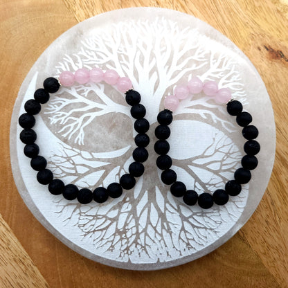 BRACELETS A ÉLASTIQUES EN PIERRES DE LAVE + QUARTZ ROSE - 2 TAILLES AU CHOIX - BIJOUX ARTISANAUX, UNIQUES & ORIGINAUX