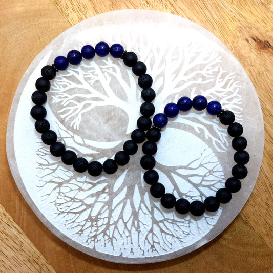 BRACELETS À ÉLASTIQUES EN PIERRES DE LAVE + LAPIS LAZULI - 2 TAILLES AU CHOIX - BIJOUX ARTISANAUX, UNIQUES & ORIGINAUX