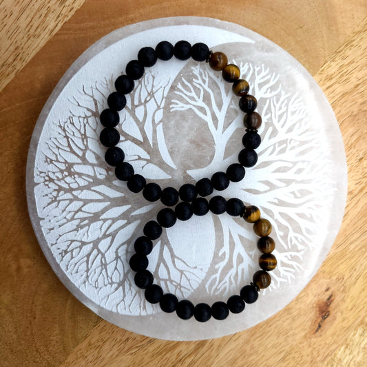 BRACELETS À ÉLASTIQUES EN PIERRES DE LAVE + OEIL DU TIGRE - 2 TAILLES AU CHOIX - BIJOUX ARTISANAUX, UNIQUES & ORIGINAUX