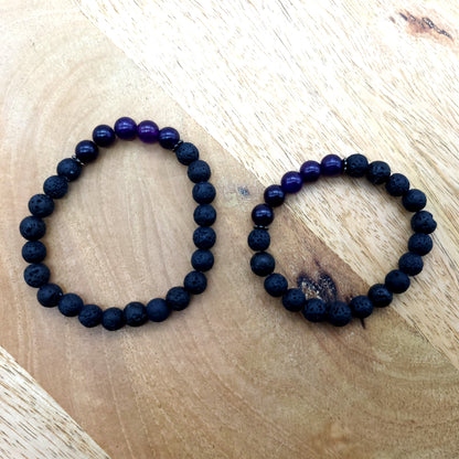 BRACELETS A ÉLASTIQUES DE PERLES RONDES EN PIERRES DE LAVE + AMÉTHYSTE - 2 TAILLES AU CHOIX - BIJOUX ARTISANAUX, UNIQUES & ORIGINAUX