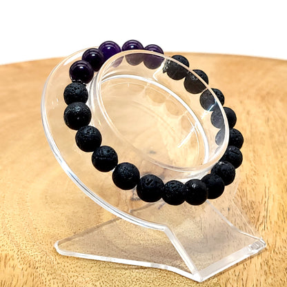 BRACELETS A ÉLASTIQUES DE PERLES RONDES EN PIERRES DE LAVE + AMÉTHYSTE - 2 TAILLES AU CHOIX - BIJOUX ARTISANAUX, UNIQUES & ORIGINAUX