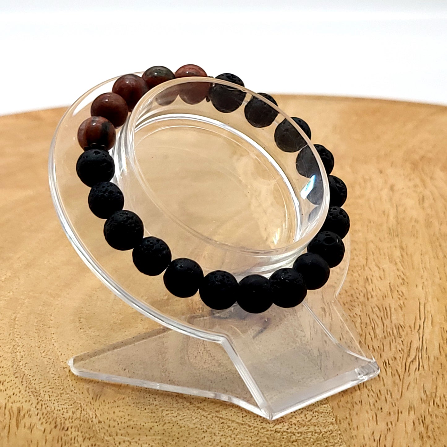 BRACELETS À ÉLASTIQUES EN PIERRES DE LAVE + JASPE ROUGE - 2 TAILLES AU CHOIX - BIJOUX ARTISANAUX, UNIQUES & ORIGINAUX