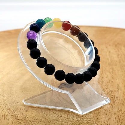 BRACELETS À ÉLASTIQUES EN PIERRES DE LAVE + 7 CHAKRAS - 2 TAILLES AU CHOIX - BIJOUX ARTISANAUX, UNIQUES & ORIGINAUX