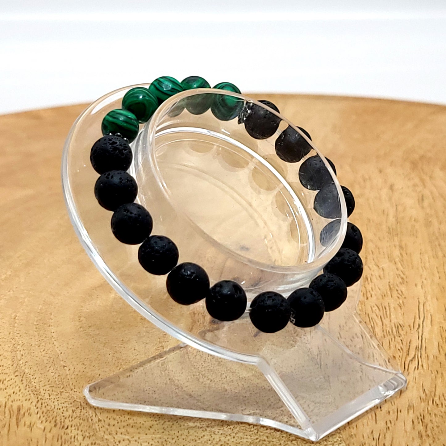 BRACELETS À ÉLASTIQUES EN PIERRES DE LAVE + MALACHITE - 2 TAILLES AU CHOIX - BIJOUX ARTISANAUX, UNIQUES & ORIGINAUX